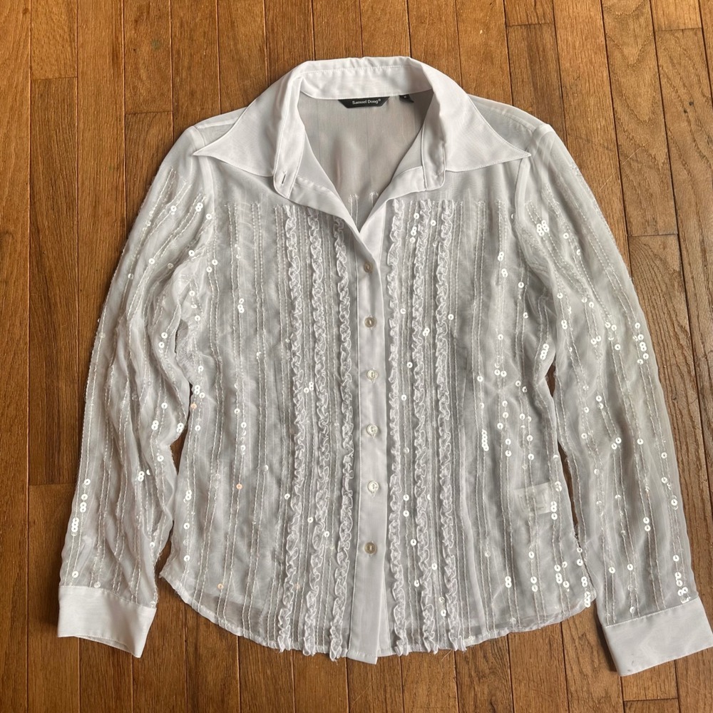 Samuel Dong Button Up Shirt Womens M Sheer Sequin Ruffle White Y2K Party READ